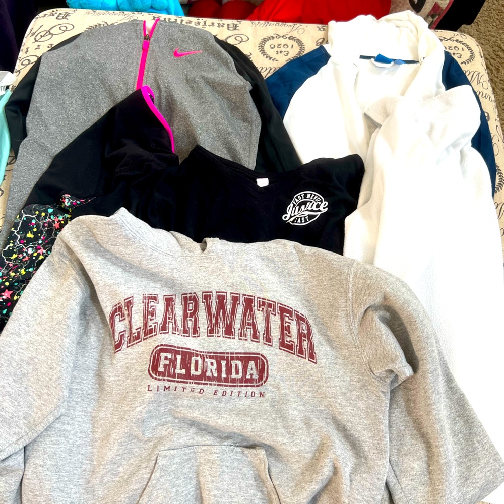 1 Nike/1 Adidas/Justice jacket/3 other hoodies/shirts Girl size 14-16 Bundle